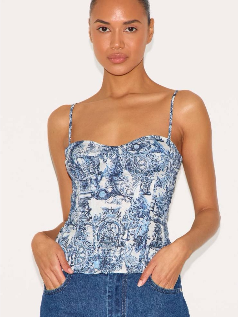 PLT BLUE RENAISSANCE PRINT STRUCTURED CORSET TOP